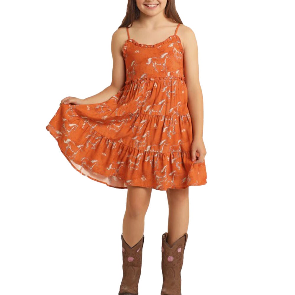 image of Girl's Horse Print Dress- Orange