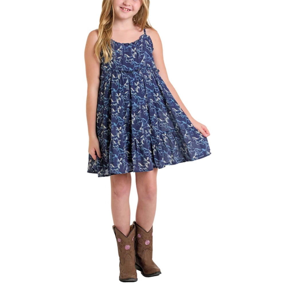 image of Girl's Horse Print Dress- Blue