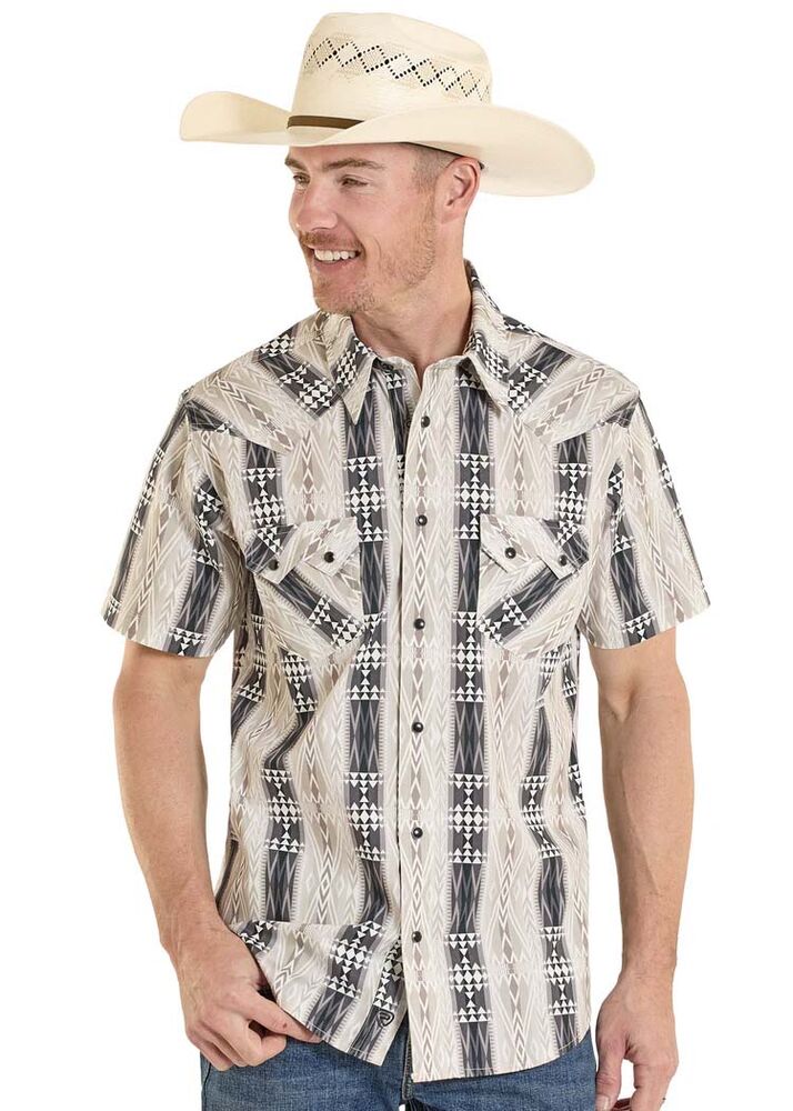 image of Men's Aztec Striped Snap Button Short Sleeve Shirt, Tan