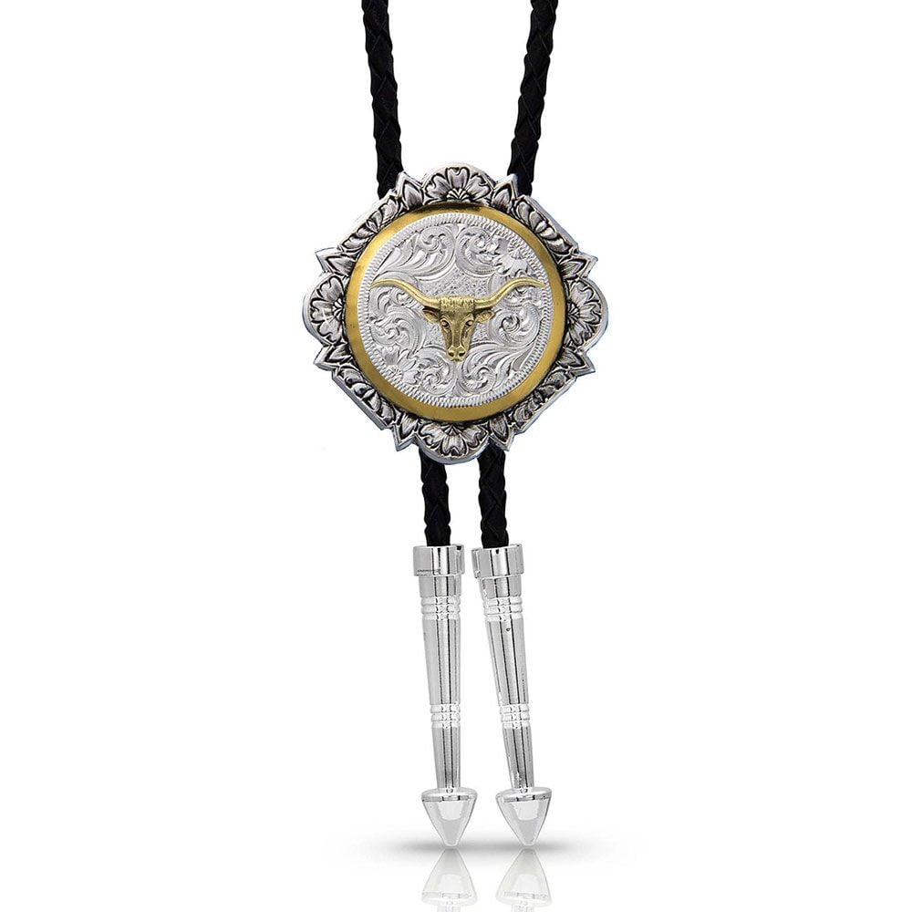 image of Silver and Gold Engraved Button Bolo Tie