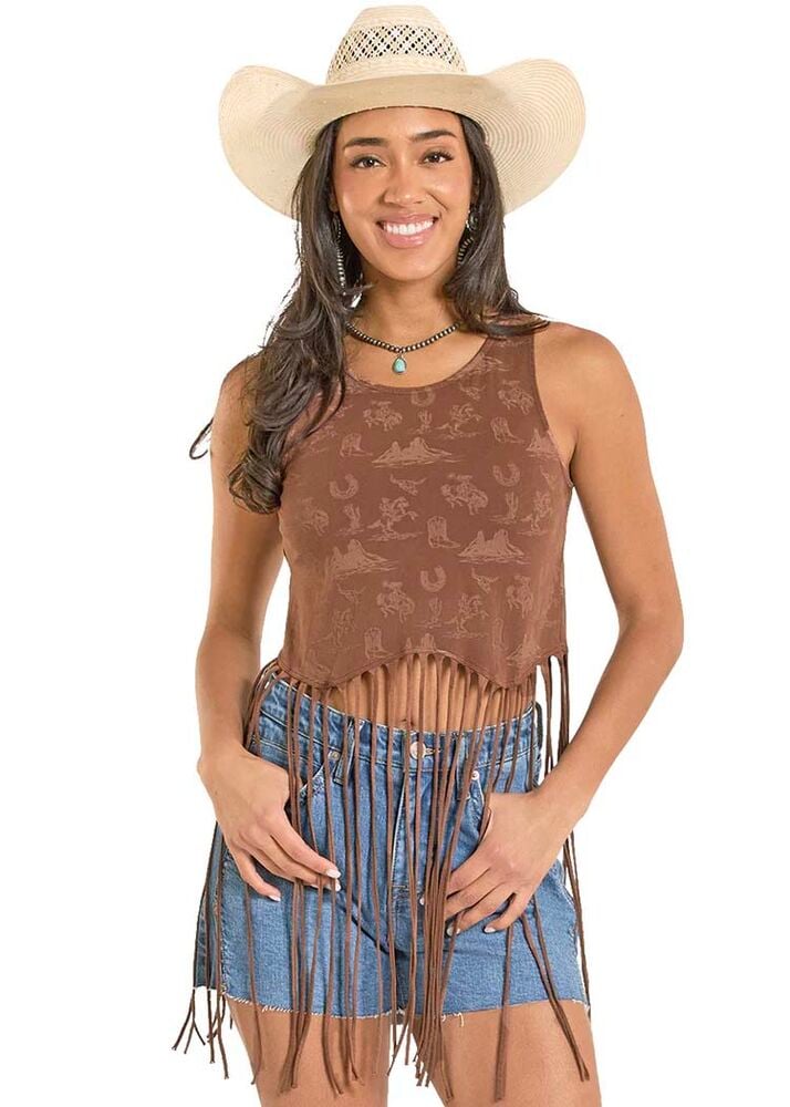 image of Women's Western Print Fringe Top, Brown