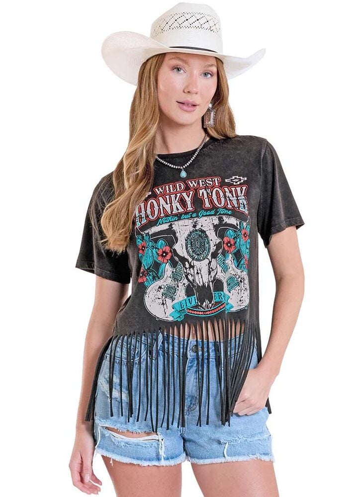image of Women's Wild West Honky Tonk Fringe Graphic Tee, Black