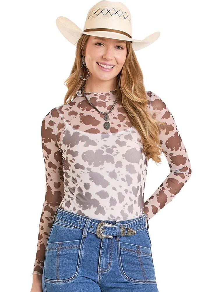 image of Women's Cow Print Mesh Top, Brown