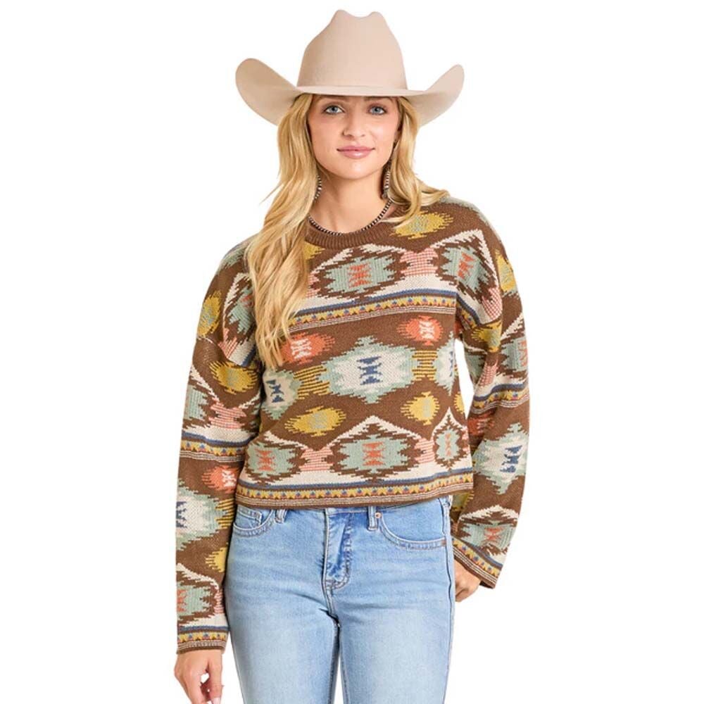 image of Women's Aztec Cropped Sweater, Brown