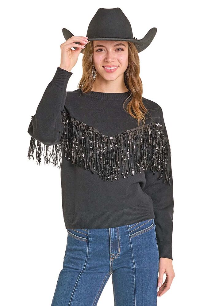 image of Women's Sequin Fringe Sweater, Black