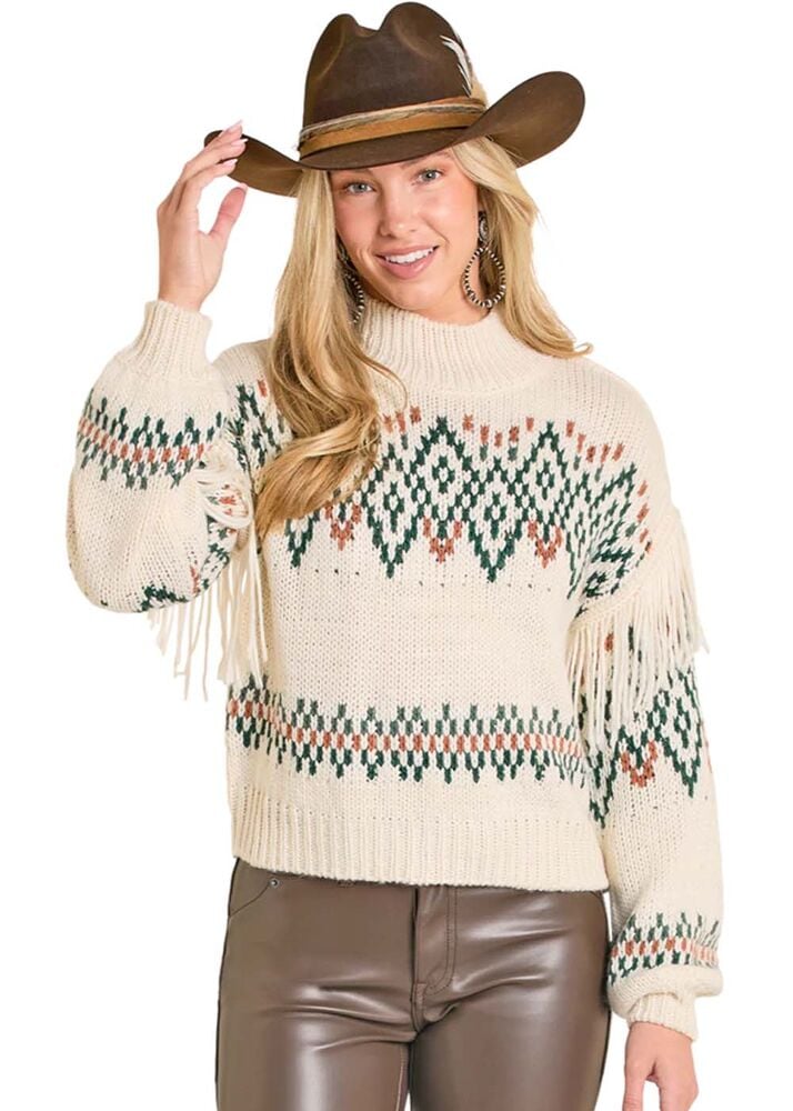 image of Women's Aztec Knit Fringe Trim Sweater, Cream