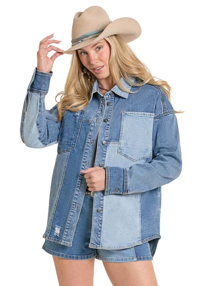 image of Women's Color-Block Denim Shacket, Medium Wash