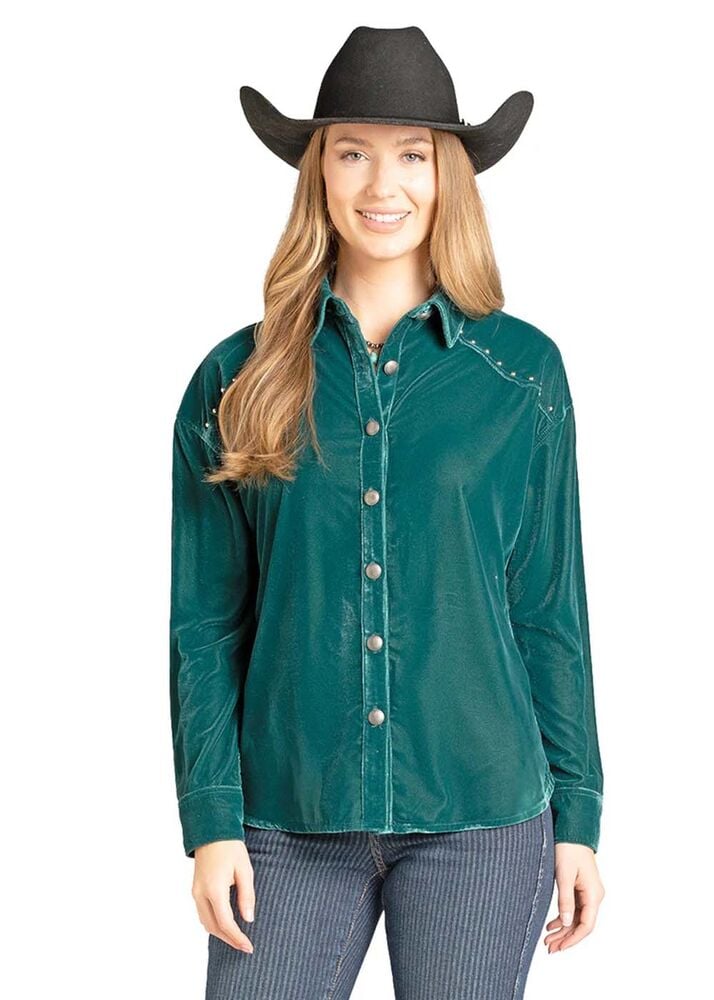 image of Women's Velvet Button Down Long Sleeve Blouse, Turquoise
