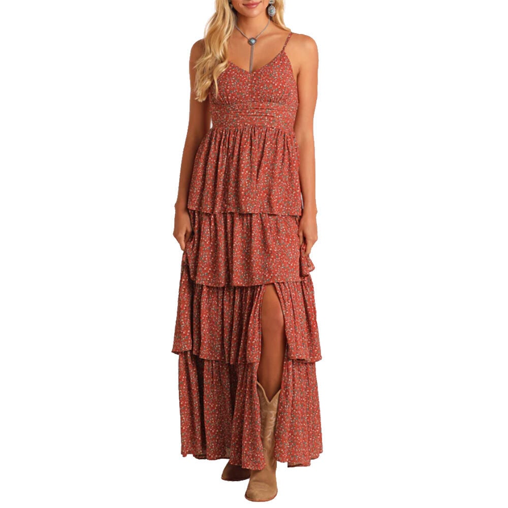 image of Women's Maxi Dress- Floral Print, Burnt Orange