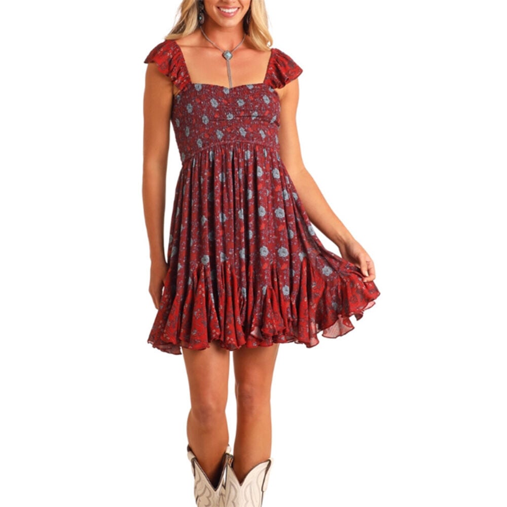 image of Women's Mini Dress- Floral Print, Burgundy