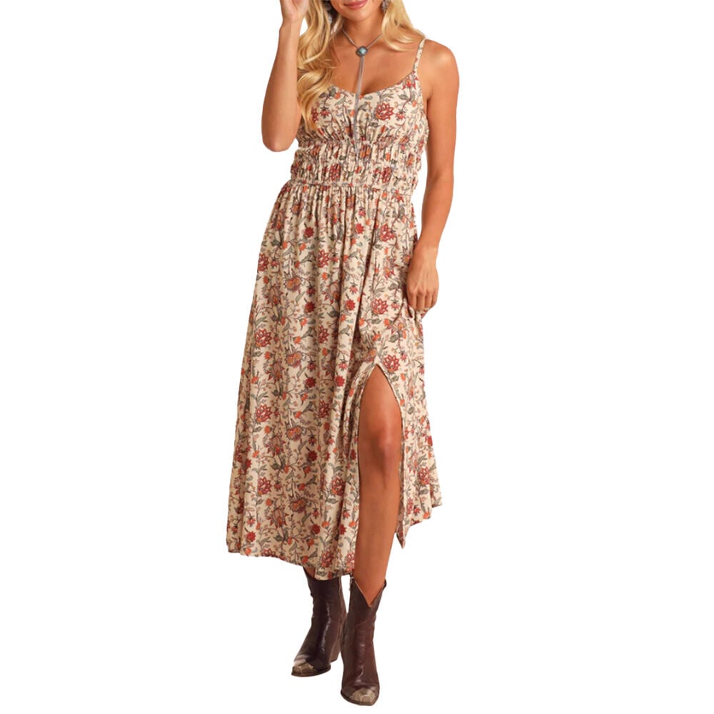 image of Women's Midi Dress- Floral Print, Cream