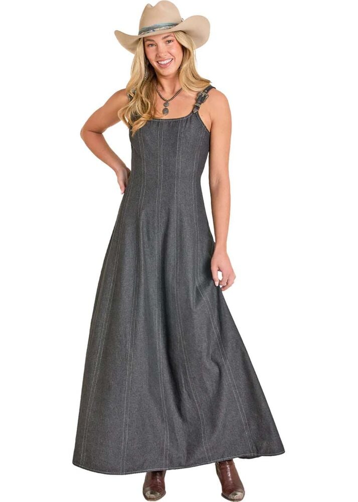 image of Women's Buckle Strap Denim Maxi Dress, Black