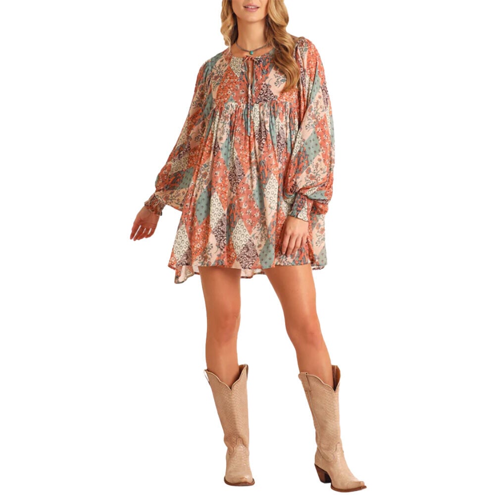 image of Women's Mini Dress- Patchwork Print, Burnt Orange