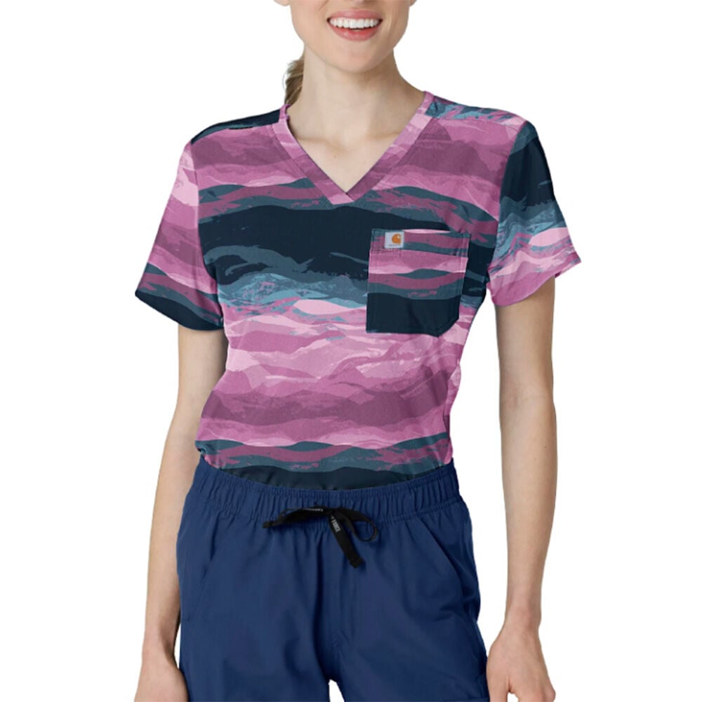 image of Women's Scrub Top- Rugged Flex, Chest Pocket, Peaceful Pastures Thistle
