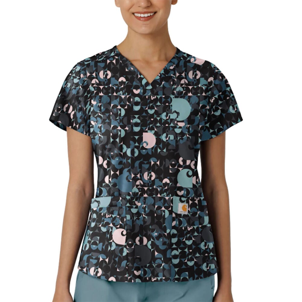 image of Women's Scrub Top- Rugged Flex, Four Pocket, Geo Black