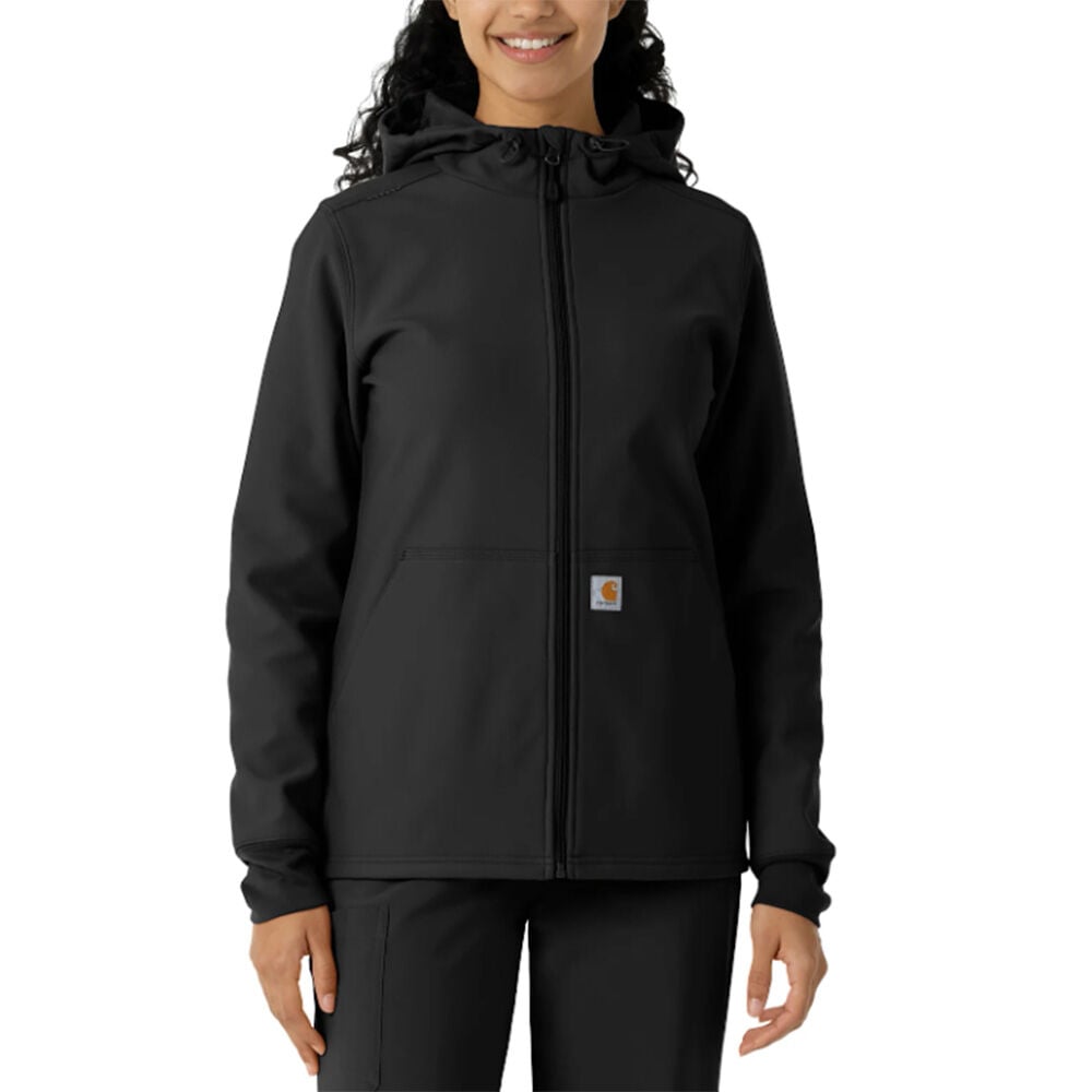 image of Women's Scrub Hoodie- Three Pocket, Zip Front, Black