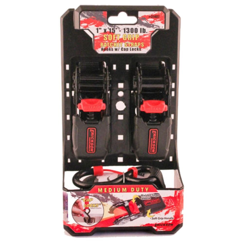 image of Soft Grip Ratchet Straps with Cap Locks, 1-in x 15-ft, 1300 lb, 2 pack