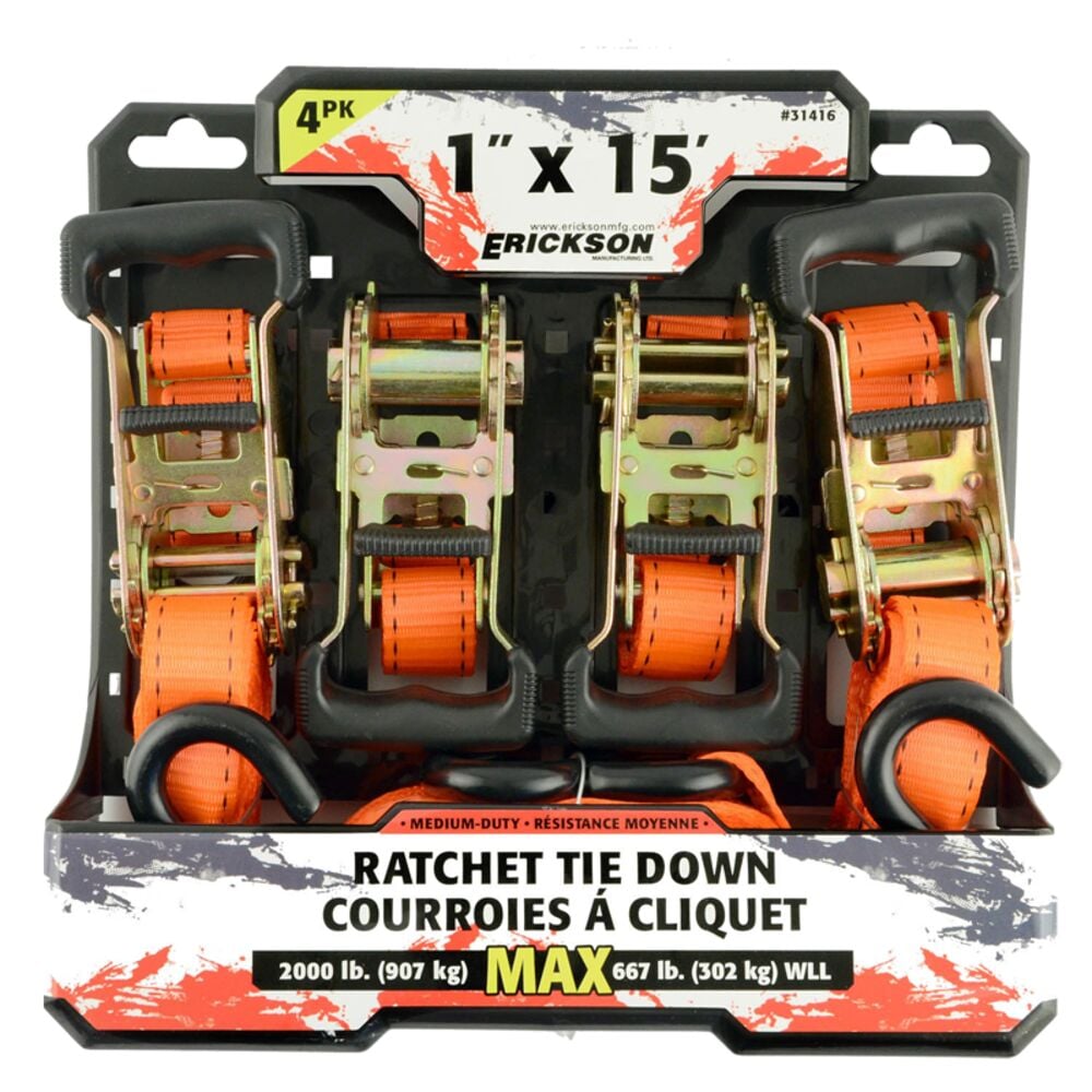 image of Ratcheting Tie-Downs, 1-in x 15-in, 2000-lb, 4 pack