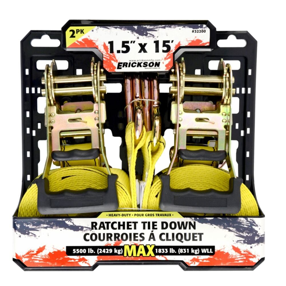 image of Heavy Duty Ratcheting Tie-Down, 1 1/2-in x 15-ft, 5500-lb, 2 pack