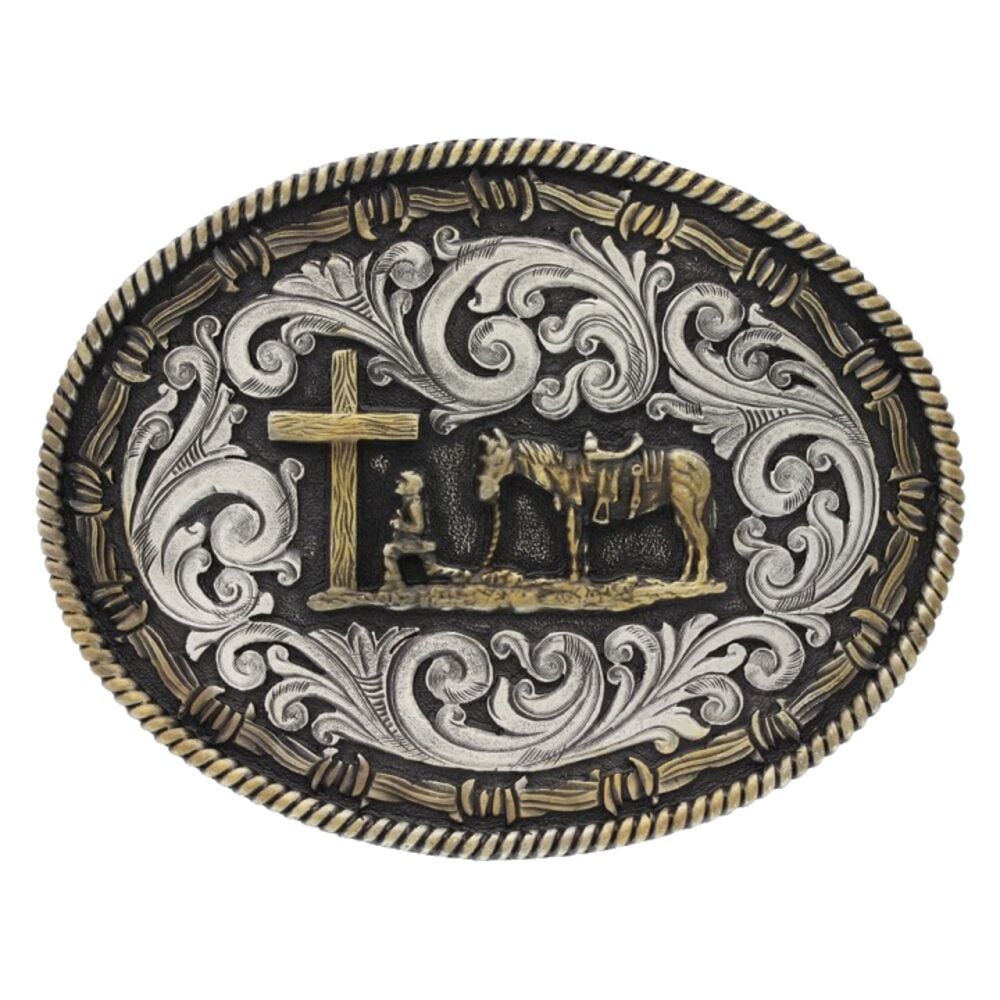 image of Classic Impressions Two Tone Rope & Barbed Wire Christian Cowboy Attitude Buckle