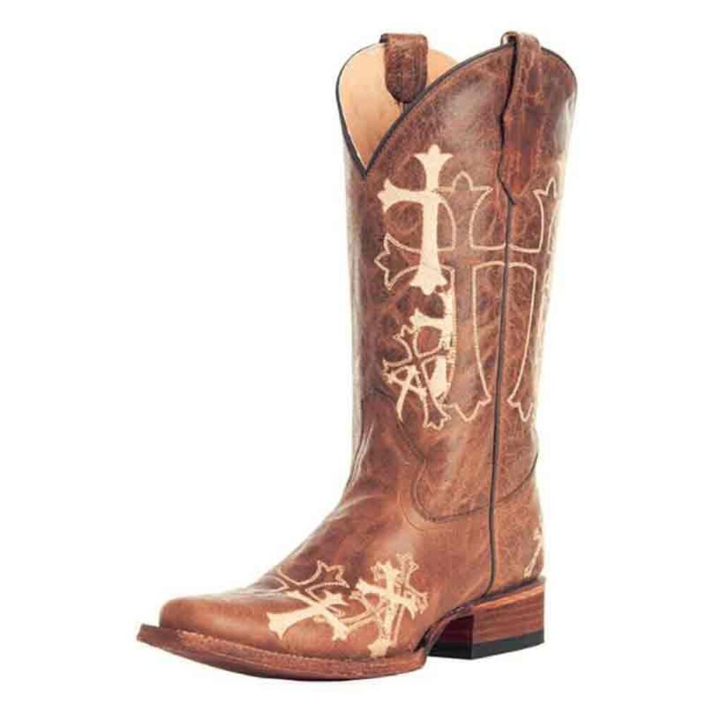 image of Women's Brown/Beige Side Cross Embroidery Square Toe Boot