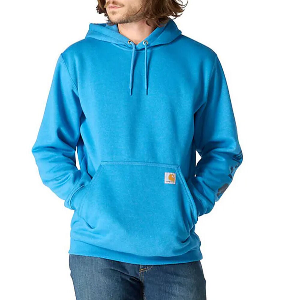 image of Men's Loose Fit Midweight Logo Sleeve Graphic Hoodie- Horizon Blue Heather