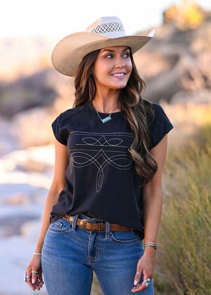 image of Women's Boot Stitch Embroidered Top, Brown