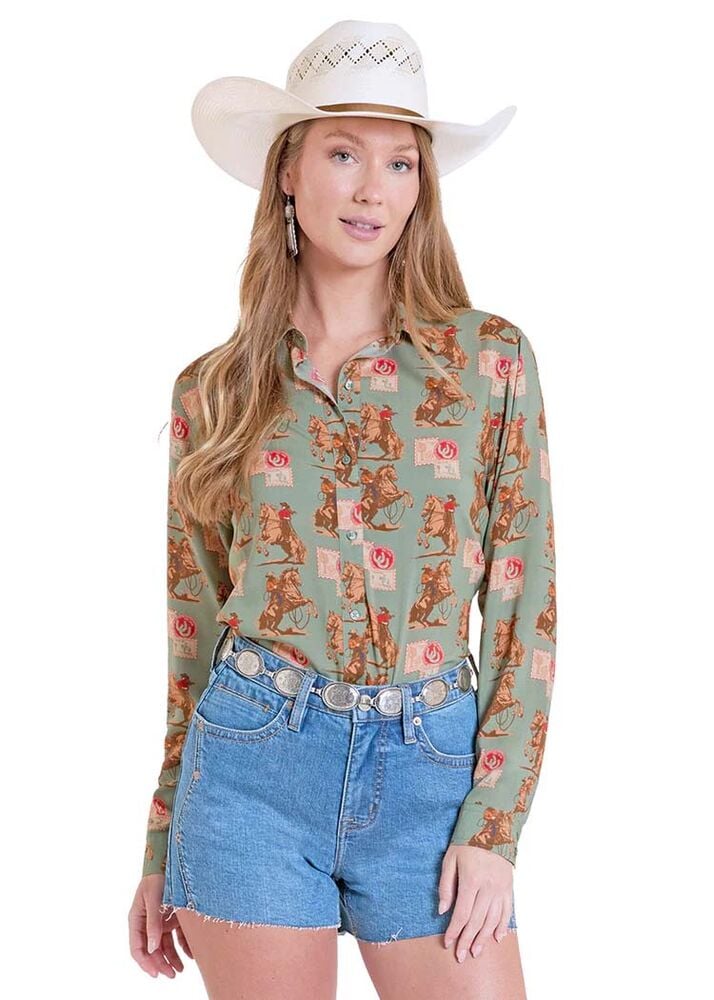 image of Women's Vintage Stamp Print Long Sleeve Blouse, Jade