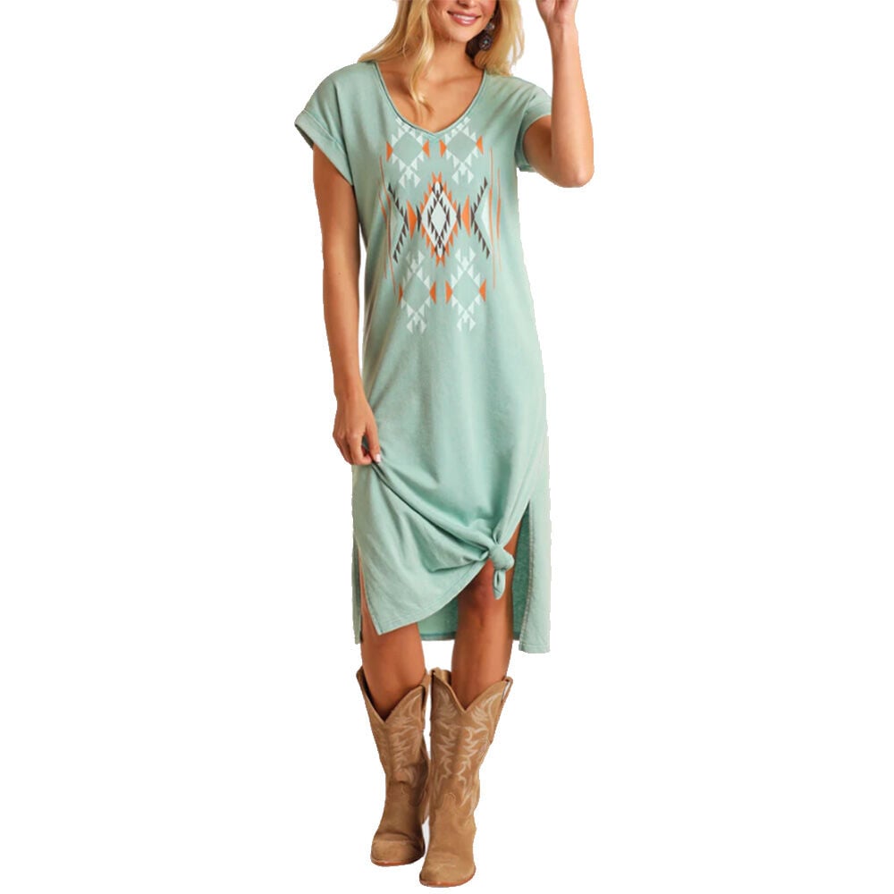 image of Women's T-Shirt Dress- Aztec, Turquoise