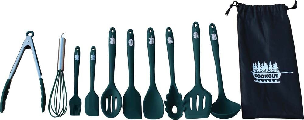 image of Mr. Outdoors Cookout Green Silicone Coated Utensil Set with Carry Bag, 10 pc