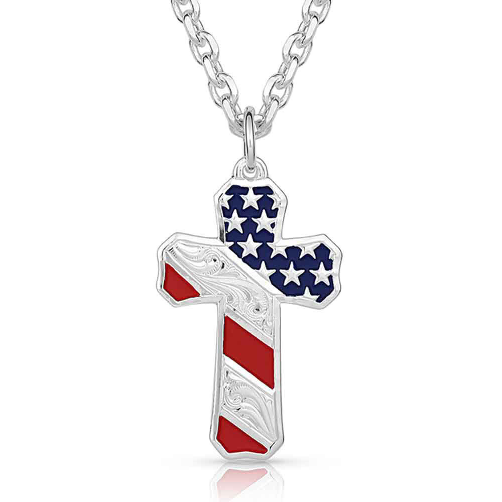 image of Born In the USA Patriotic Cross Necklace