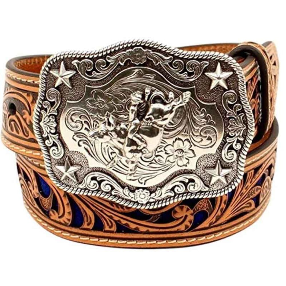 image of Kids' Brown Western Belt with Blue Inlay Scroll and Buckle
