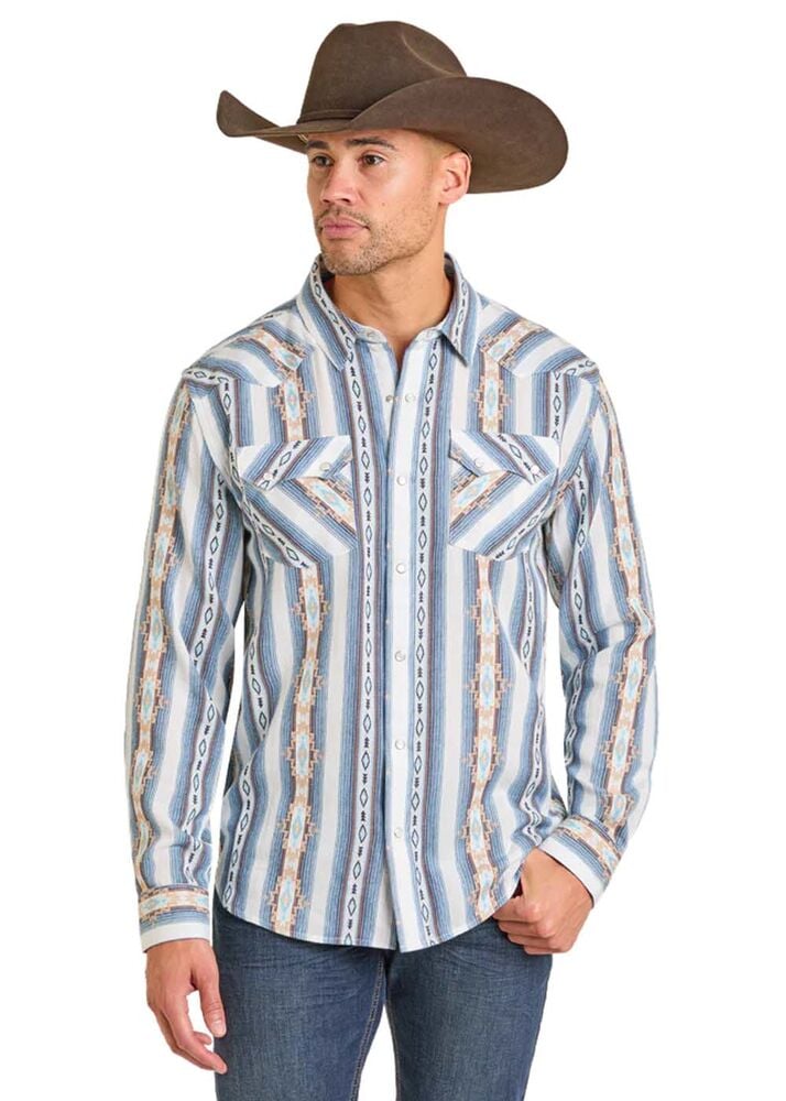 image of Men's Snap Button Long Sleeve Shirt, Blue