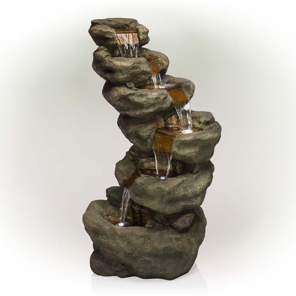 image of 6 Tiered Waterfall Birdbath with LED Lights, Gray