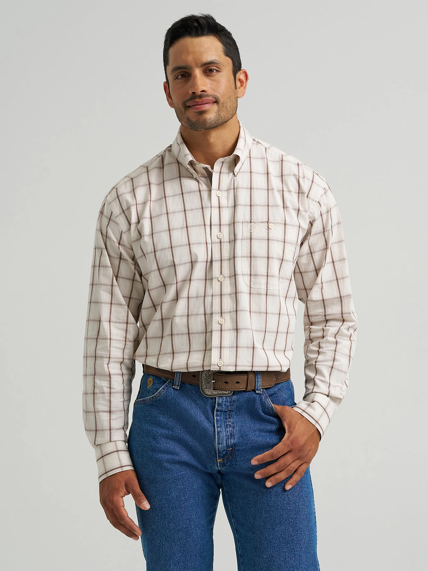 image of Men's George Straight Button Down Long Sleeve Shirt, Brown